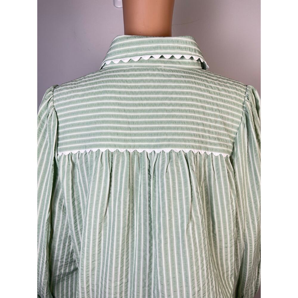 Entro sage green striped blouse L scalloped collar button front cotton blend - Picture 7 of 15